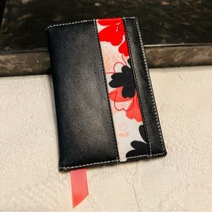 MARY KAY Black Smooth Leather & Pink Floral Fabric Trim Passport Holder Travel